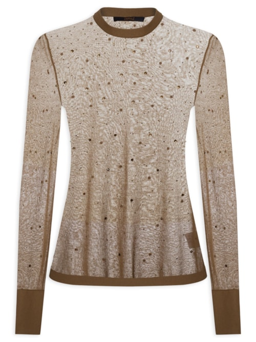 Blusa Feminina de Tricot Transparente Com Hotfix - Marrom Blusa Feminina de Tricot Transparente Com Hotfix - Marrom