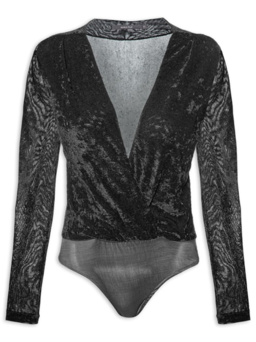Body Feminino Decote V Tule - Preto Body Feminino Decote V Tule - Preto