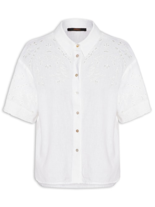 Camisa Feminina Com Linho Manga Curta Bordada - Branco Camisa Feminina Com Linho Manga Curta Bordada - Branco
