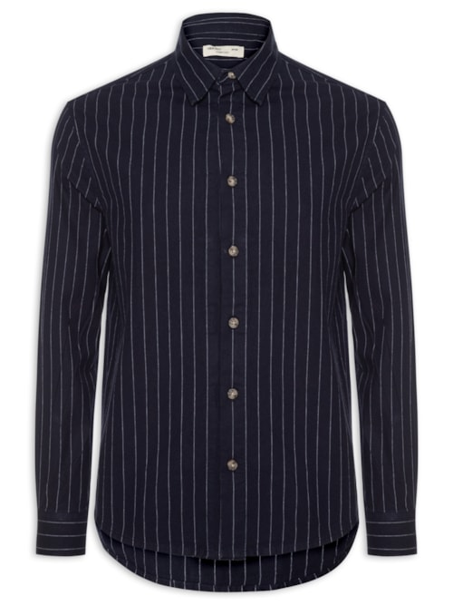 Camisa Masculina Casual Listrada Fio Índigo Confort Fit - Azul