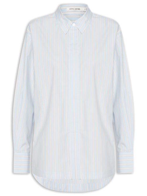 Camisa Feminina De Algodão Listrada Com Prega - Azul Camisa Feminina De Algodão Listrada Com Prega - Azul