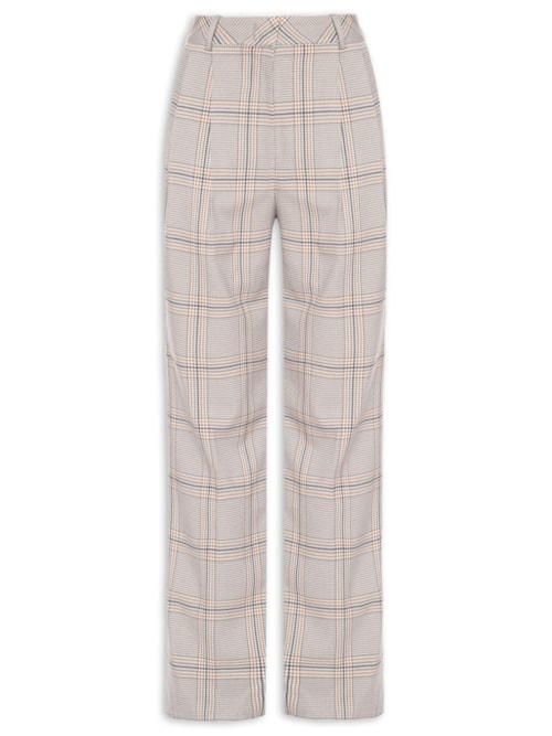 Calça Feminina Reta De Alfaiataria Xadrez - Cinza