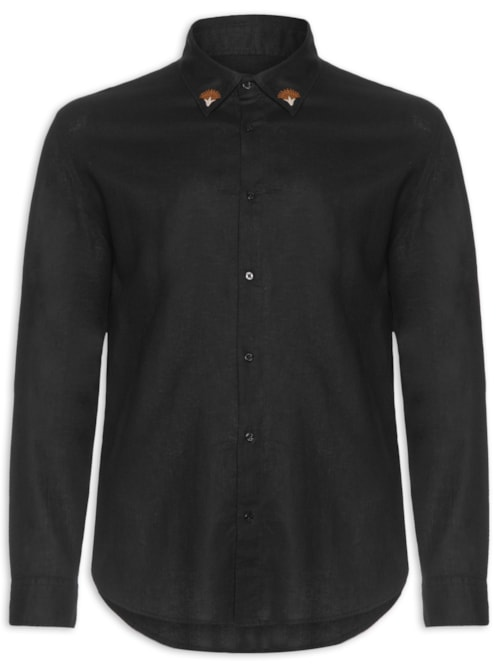 Camisa Masculina Manga Longa Linen Floral Trama - Preto