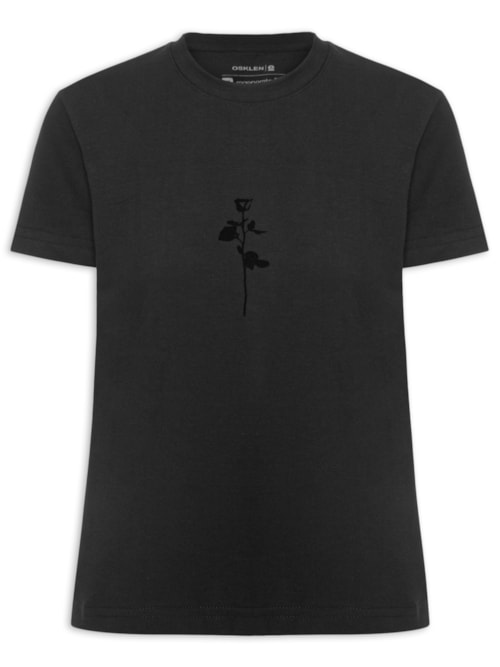 Camiseta Feminina Rosa Flocada - Preta Camiseta Feminina Rosa Flocada - Preta