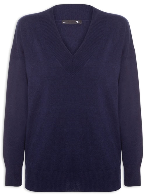Suéter Feminino Gola V Com Blend De Lã E Cashmere - Azul Suéter Feminino Gola V Com Blend De Lã E Cashmere - Azul