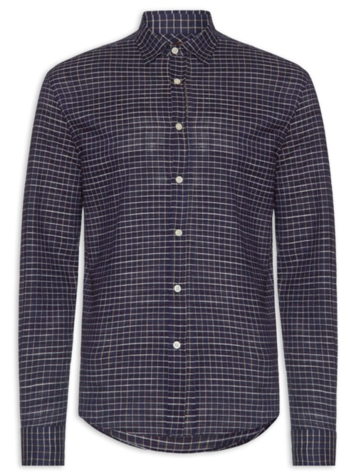 Camisa Masculina Voil Mini Quadros - Azul Camisa Masculina Voil Mini Quadros - Azul