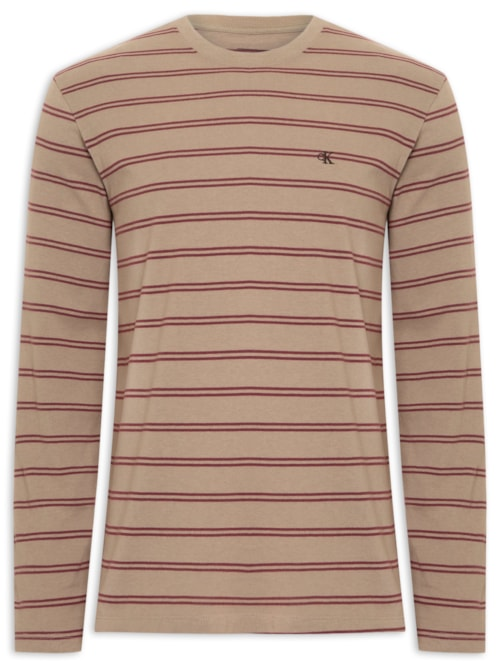 Camiseta Masculina Manga Longa Malhão Listrado - Bege Camiseta Masculina Manga Longa Malhão Listrado - Bege