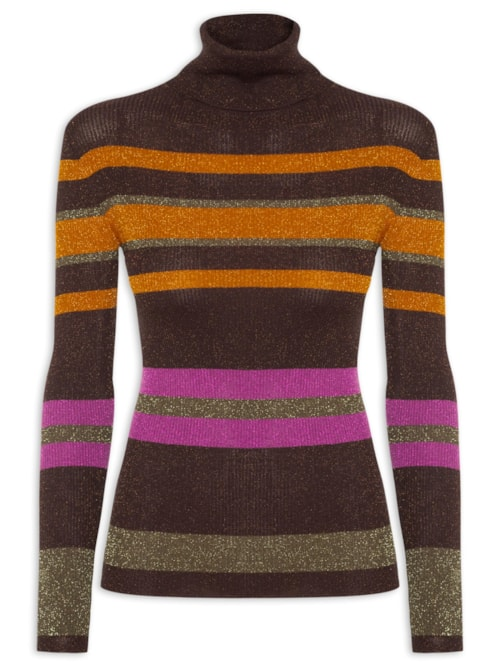 Blusa Feminina De Tricot Manga Longa Listra Colorida - Marrom Blusa Feminina De Tricot Manga Longa Listra Colorida - Marrom