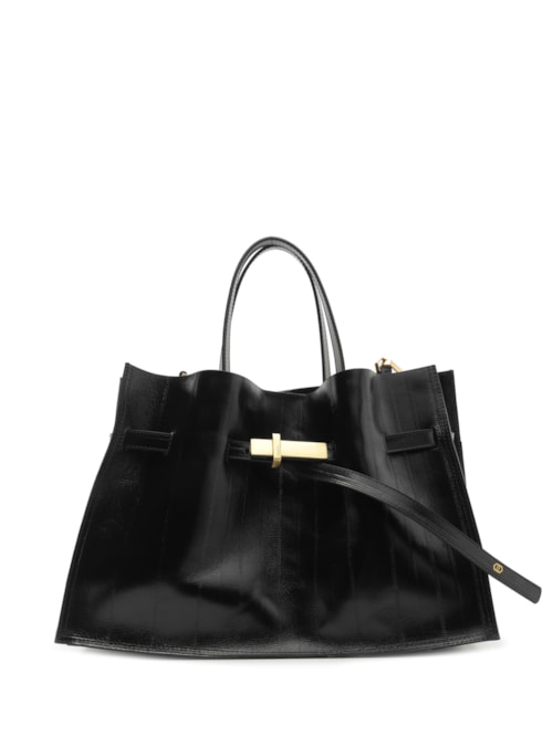 Bolsa Tote Couro Grande Tira Metal Preto Bolsa Tote Couro Grande Tira Metal Preto
