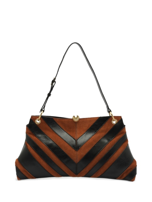Bolsa de Ombro Grande Patchwork Chevron Marrom
