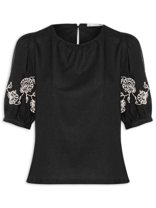 Blusa Feminina Manga Bufante com Bordado Preto