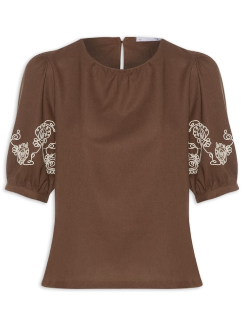 Blusa Feminina Manga Bufante com Bordado Marrom