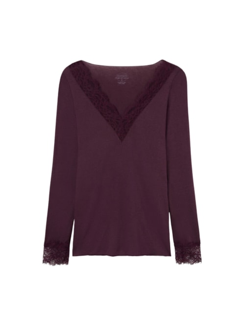 Blusa Manga Comprida Em Cashmere Ultralight e Renda - Bordô Blusa Manga Comprida Em Cashmere Ultralight e Renda - Bordô