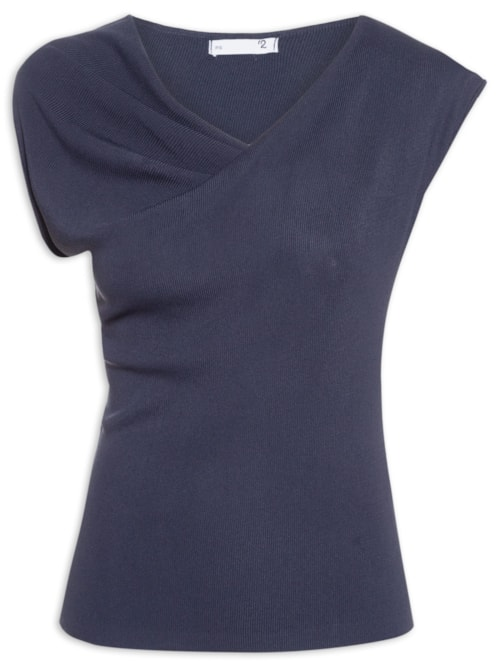 Blusa Feminina Decote Degagê Em Tricot - Azul Blusa Feminina Decote Degagê Em Tricot - Azul