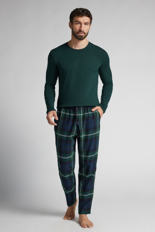 Calça Xadrez Em Algodão Soft - Azul