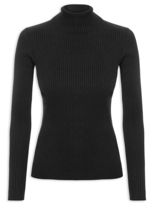 Suéter Feminino Tricot Canelado Gola Alta - Preto Suéter Feminino Tricot Canelado Gola Alta - Preto