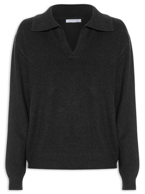 Suéter Feminino Em Tricot Com Gola Polo - Preto