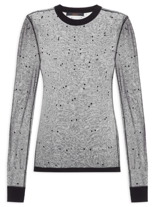 Blusa Feminina De Tricot Transparente Com Hotfix - Preto