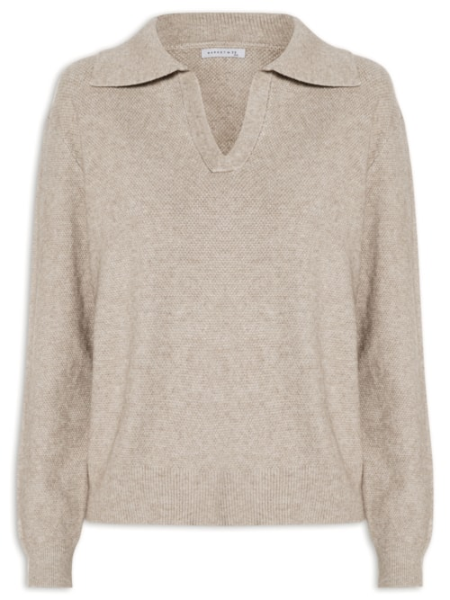 Suéter Feminino Em Tricot Com Gola Polo - Bege