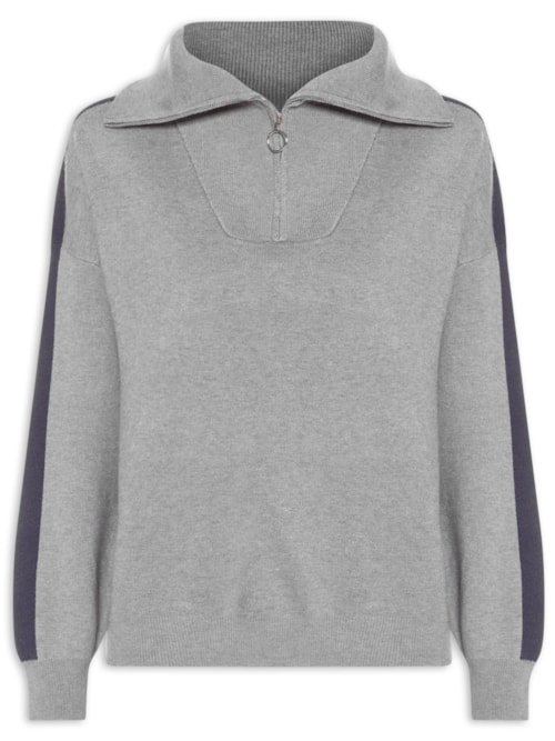 Suéter Feminino Tricot Gola Alta Com Zíper - Cinza