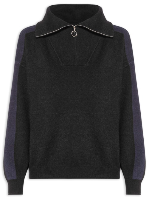Suéter Feminino Tricot Gola Alta Com Zíper - Preto Suéter Feminino Tricot Gola Alta Com Zíper - Preto
