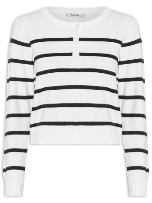 Suéter Feminino Tricot Listrado Com Botão - Branco Suéter Feminino Tricot Listrado Com Botão - Branco