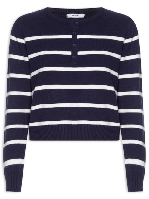 Suéter Feminino Tricot Listrado Com Botão - Azul Suéter Feminino Tricot Listrado Com Botão - Azul