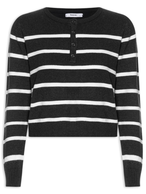 Suéter Feminino Tricot Listrado Com Botão - Preto Suéter Feminino Tricot Listrado Com Botão - Preto
