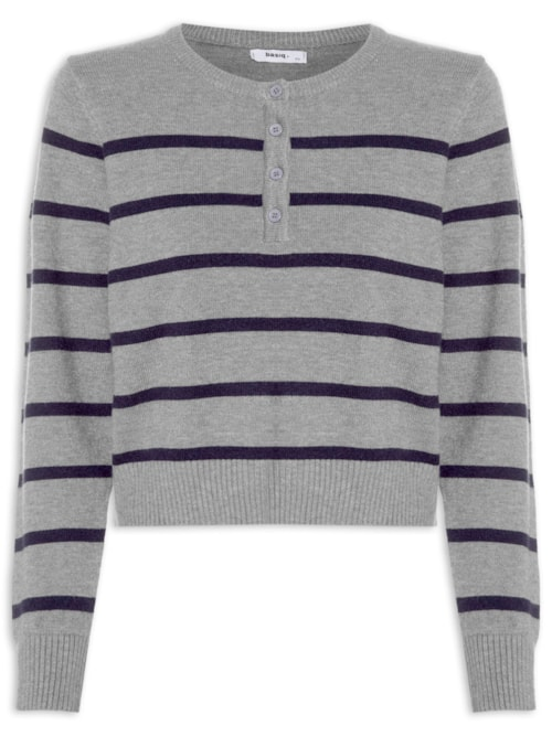 Suéter Feminino Tricot Listrado Com Botão - Cinza Suéter Feminino Tricot Listrado Com Botão - Cinza