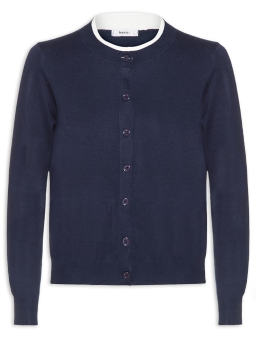 Cardigã Feminino Tricot Detalhe Bicolor - Azul