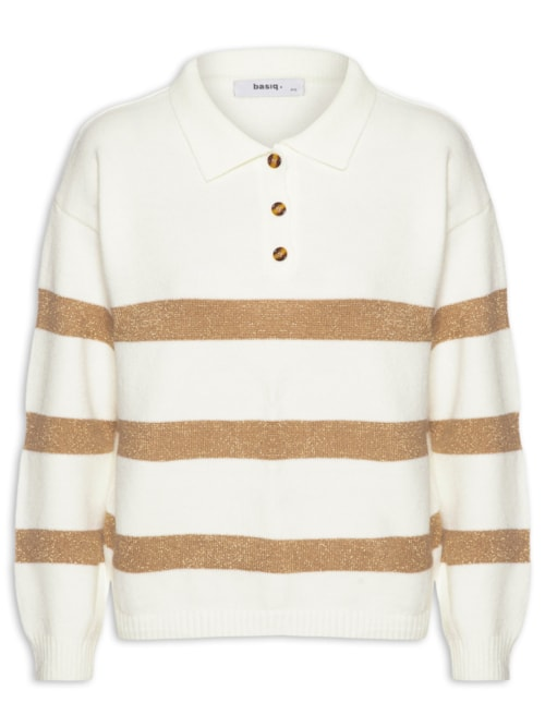 Suéter Feminino Listrado Gola Esporte - Off White Suéter Feminino Listrado Gola Esporte - Off White