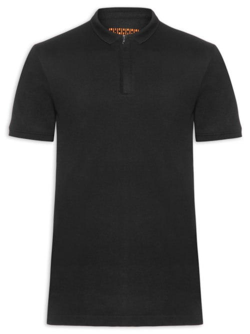 Polo Masculina Gola Estreita com Zíper em Piquet Preto Polo Masculina Gola Estreita com Zíper em Piquet Preto