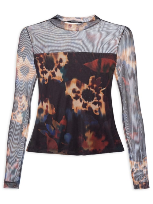 Blusa Feminina Tule Floral Glitch - Preto Blusa Feminina Tule Floral Glitch - Preto