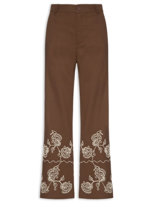 Calça Feminina Pantalona Bordada Marrom