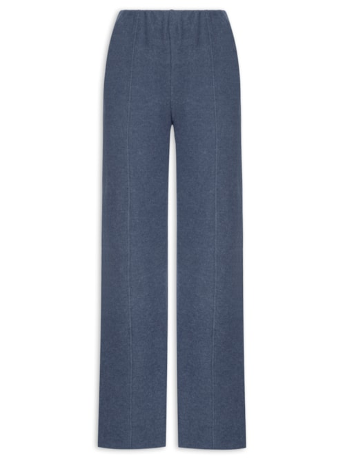 Calça Reta em Malha Tricot com Nervura Feminina Azul