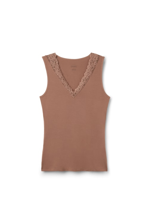 Regata Em Modal e Renda Pretty Flower - Marrom Regata Em Modal e Renda Pretty Flower - Marrom
