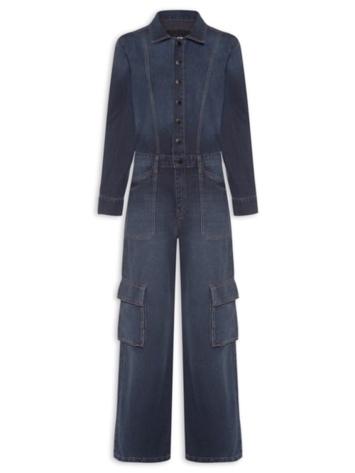 Macacão Feminino Jeans Manga Longa Cargo - Azul