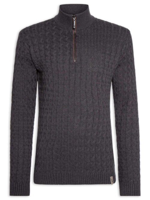 Suéter Masculino Tricot Trançado Half Zíper Preto