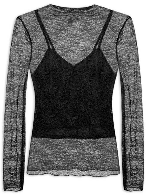 Blusa Manga Longa Feminina em Renda Preto Blusa Manga Longa Feminina em Renda Preto