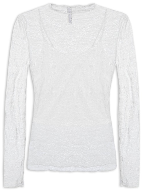 Blusa Manga Longa Feminina em Renda Off White