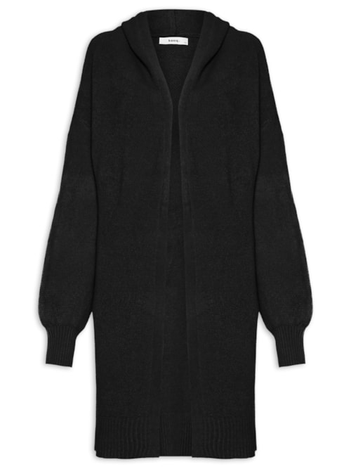 Cardigã Feminino Tricot Alongada Com Capuz - Preto