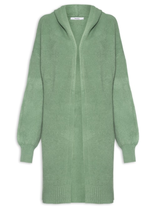 Cardigã Feminino Tricot Alongada Com Capuz - Verde