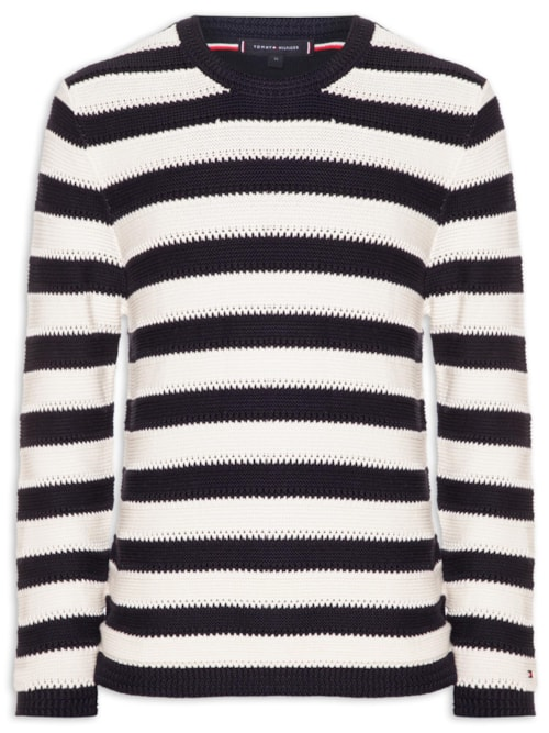 Suéter Masculino Relaxed Fit Crochet Block Listrado - Azul Suéter Masculino Relaxed Fit Crochet Block Listrado - Azul