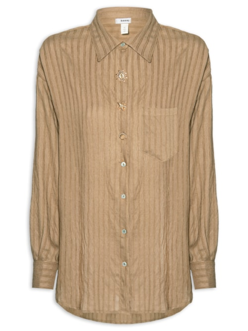 Camisa Feminina Listrada Com Bolso - Bege Camisa Feminina Listrada Com Bolso - Bege