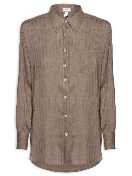 Camisa Feminina Listrada Com Bolso - Marrom Camisa Feminina Listrada Com Bolso - Marrom