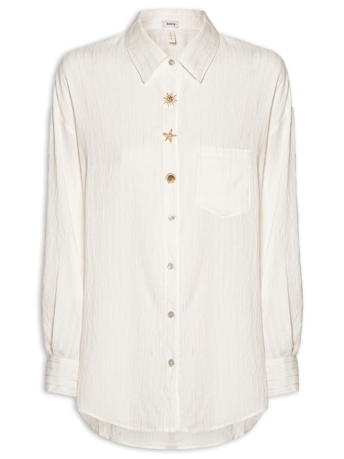 Camisa Feminina Listrada Com Bolso - Branco Camisa Feminina Listrada Com Bolso - Branco