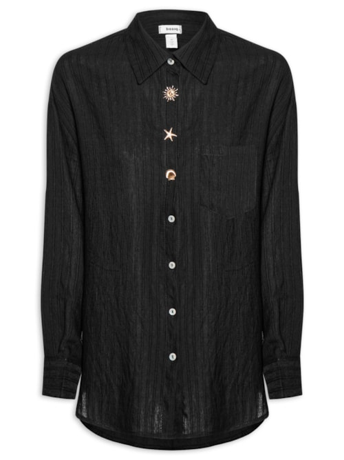 Camisa Feminina Listrada Com Bolso - Preto Camisa Feminina Listrada Com Bolso - Preto