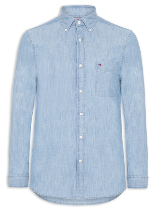 Camisa Masculina Casual Regular Fit Com Bolsos Em Chambray - Azul Camisa Masculina Casual Regular Fit Com Bolsos Em Chambray - Azul