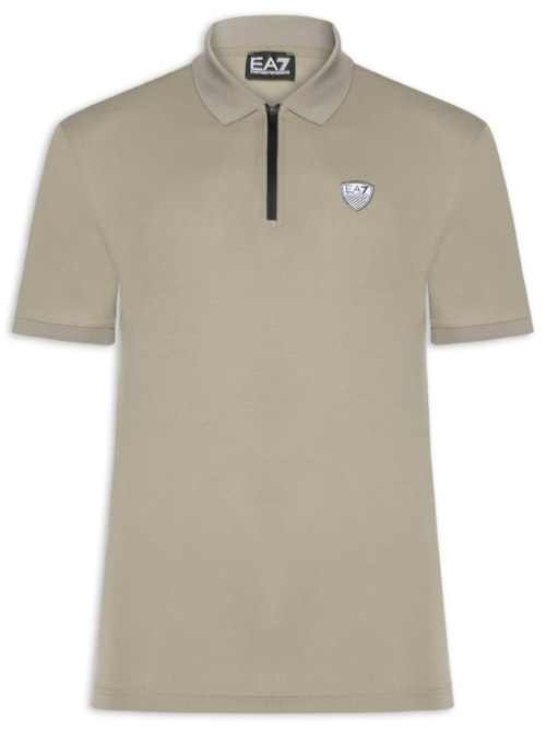 Polo Masculina com Zíper Logo Escudo Bege Polo Masculina com Zíper Logo Escudo Bege