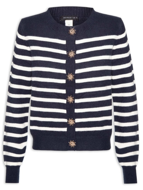 Cardigan Feminino Listrado Em Tricot - Azul
